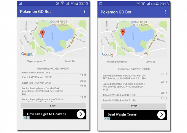 pantallas de gobot bot de pokémon go