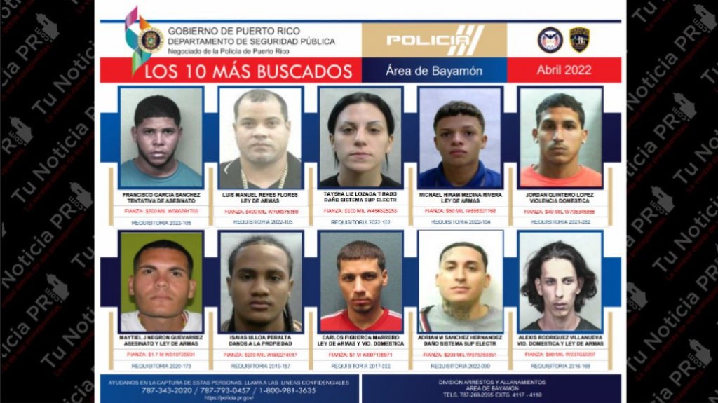  Publican lista de los 10 m&aacute;s buscados en &aacute;rea de Bayam&oacute;n 