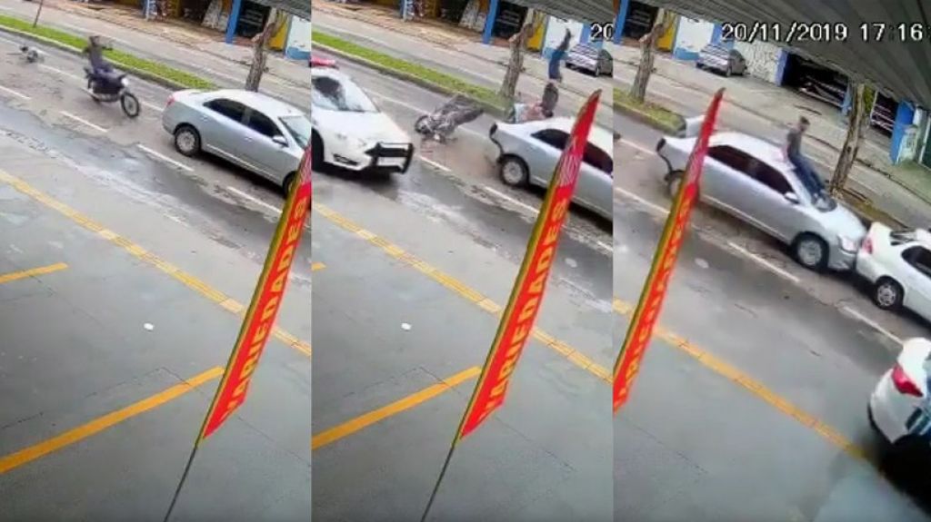  VIDEO: Aterriza en el techo de un auto tras chocar mientras hu&iacute;a de la Polic&iacute;a en Brasil 