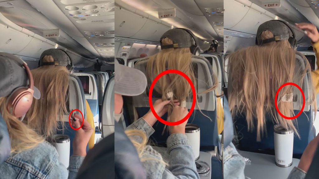  Video: Tapó la pantalla de otra pasa en el avión y le embarraron chicle en el pelo 