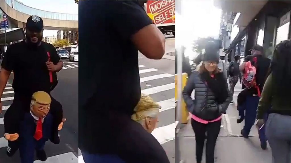  Video Viral: Hispano utiliza disfraz de Donald Trump carg&aacute;ndolo 