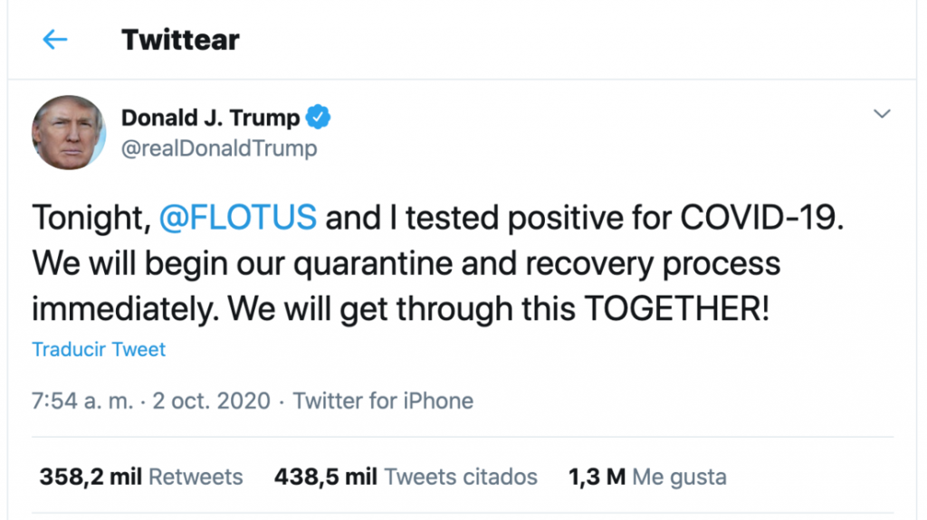  El tuit de Trump sobre su positivo por covid-19 bate el r&eacute;cord de popularidad en toda la historia de la cuenta 