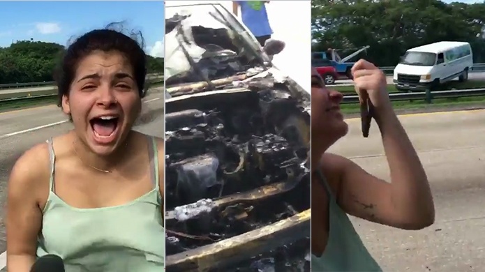 Joven grababa en el expreso 52 como su carro se prendiÃ³ en fuego cuando de repente otra guagua se estrella con la valla