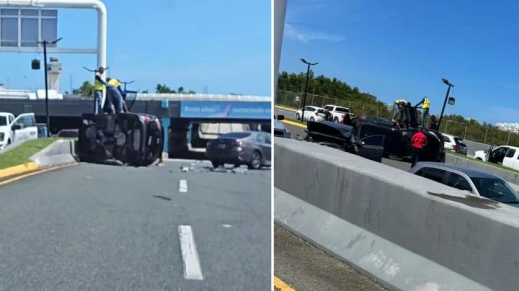  Carro se vuelca tras accidente en la entrada del aeropuerto Luis Muñoz Marín 