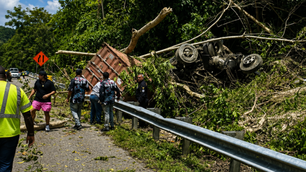  Cami&oacute;n termina volcado en &aacute;rea verde tras aparatoso accidente en la PR-52 