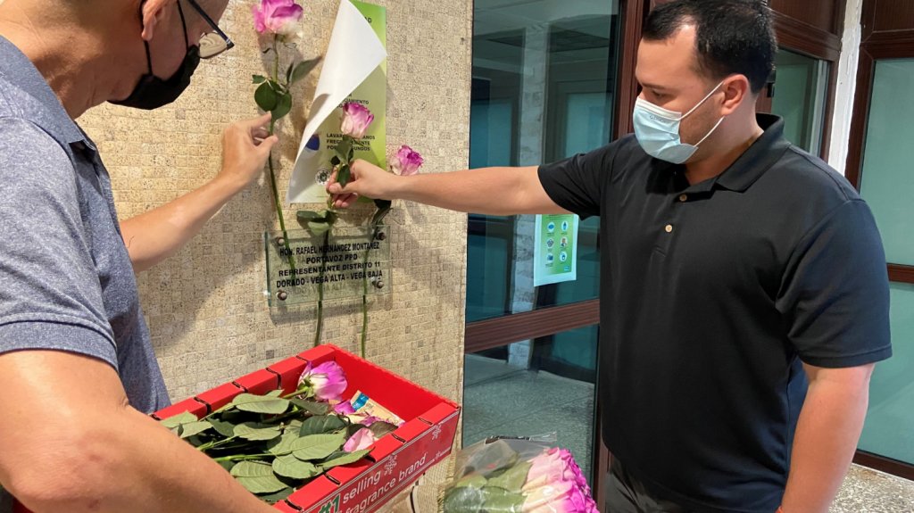  Partidarios del PNP tiran flores a oficinas del PPD en se&ntilde;al de repudio por gastos camerales durante el cuatrienio pasado 