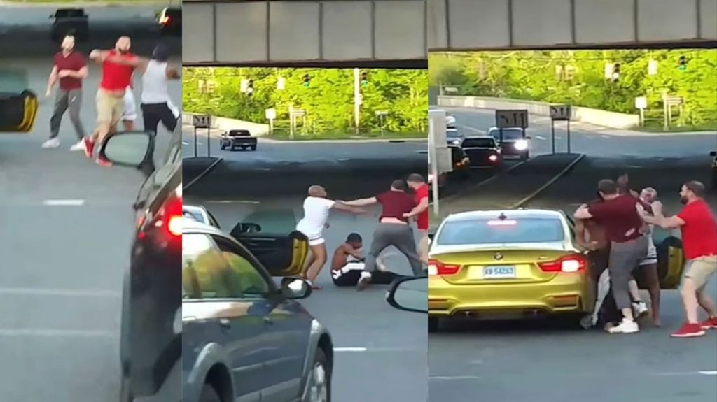 Captan video de dos hombres blancos golpeando una pareja de raza negra en medio de la carretera 