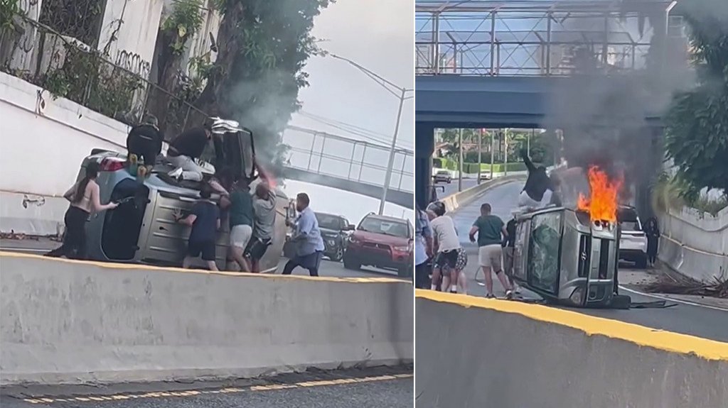  Video:Ciudadanos rescatan a mujer de veh&iacute;culo accidentado que se incendiaba en San Juan 