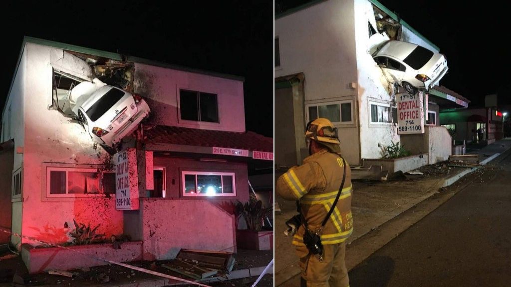  Video: Auto sale volando y choca contra el segundo piso de oficina de California 