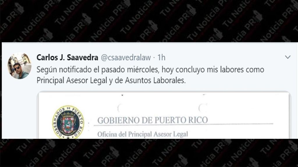  Renuncia principal asesor legal y de asuntos laborales del gobernador 