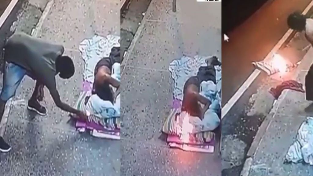  En video momento en que un hombre le prende fuego a la almohada en la que dorm&iacute;a un &ldquo;deambulante&rdquo; 