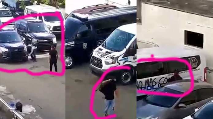  "Mangao" Captan en video las "Turbas" que pintaron y vaciaron gomas a patrullas de la policía 