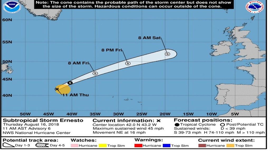  La tormenta subtropical Ernesto se convertir&aacute; en postropical el viernes 