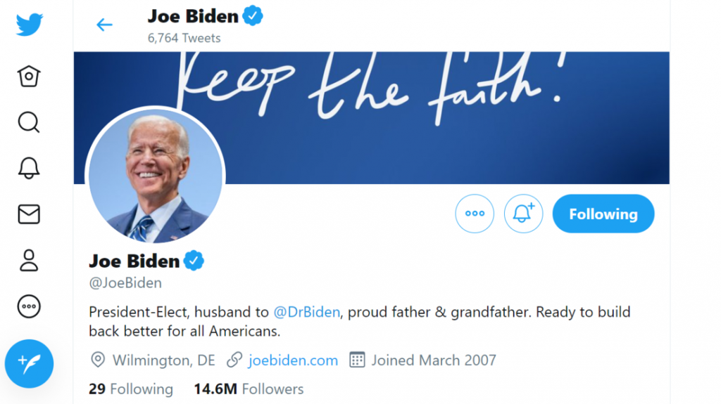  Joe Biden cambia la descripci&oacute;n en su perfil de Twitter a &ldquo;presidente electo&ldquo; 