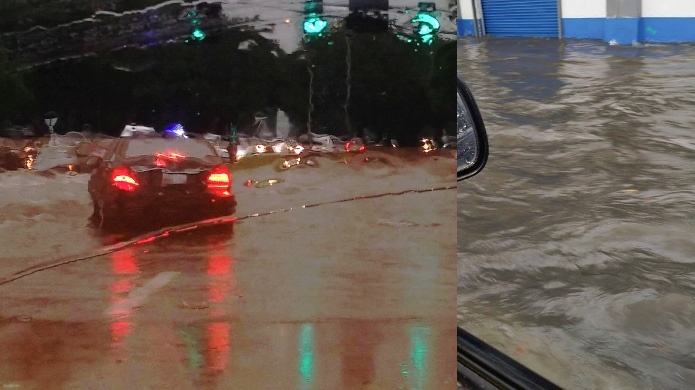 PolicÃ­as se "Fajan" en el trÃ¡nsito por inundaciÃ³n repentina en la PiÃ±ero 
