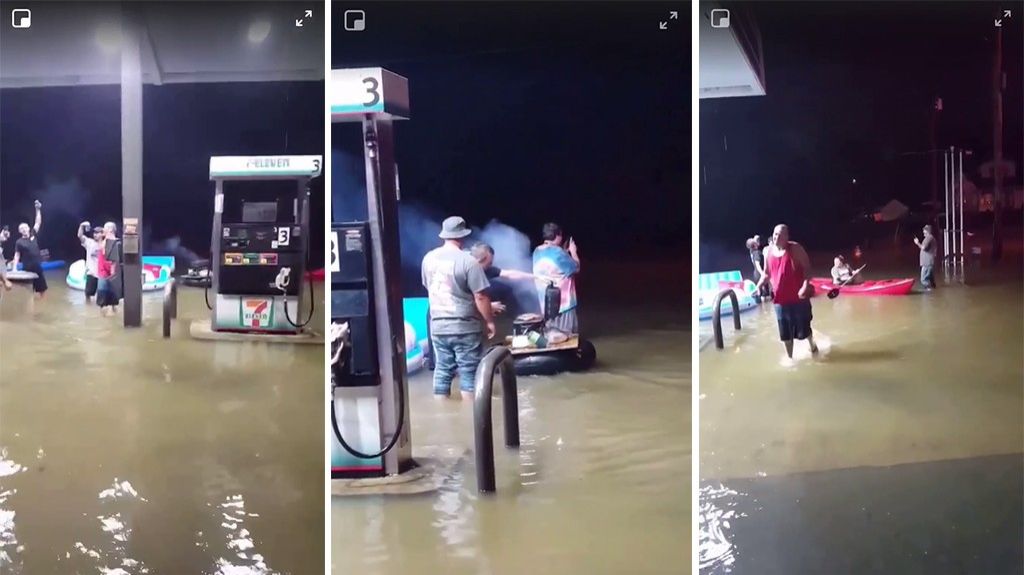  Video: Con BBQ en plena gasolinera estadounidenses pasan inundaciones de Florence 