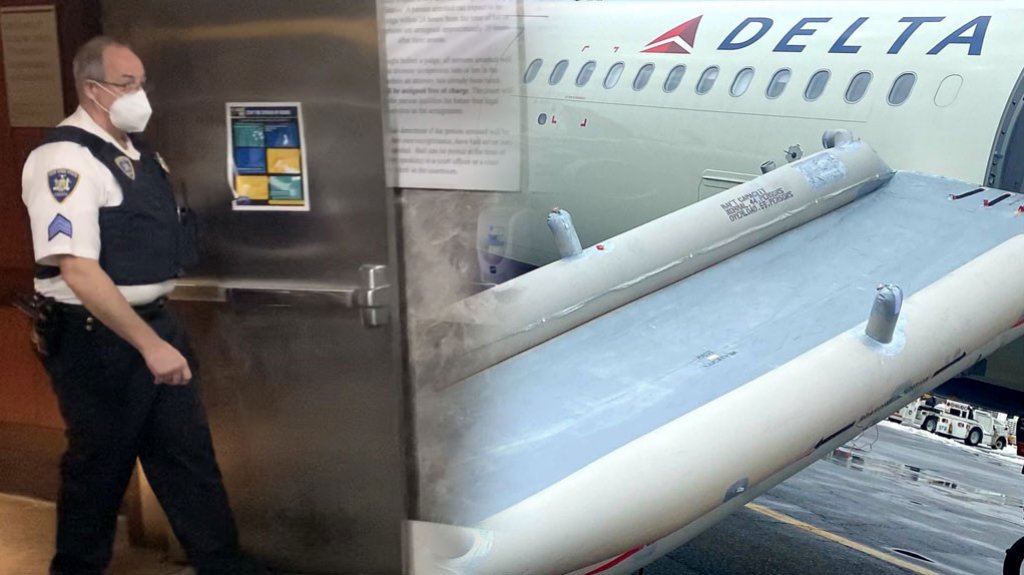  Una pareja y su perra saltan de un avi&oacute;n en movimiento tras activar el tobog&aacute;n de emergencias en la pista de un aeropuerto en Nueva York 