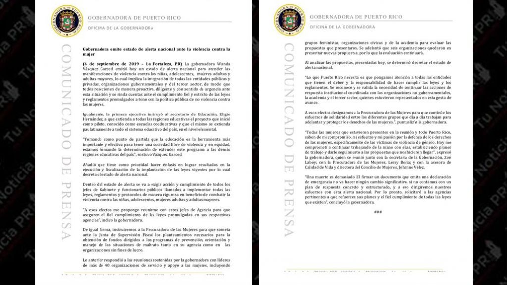  Gobernadora emite estado de alerta nacional por violencia contra la mujer 