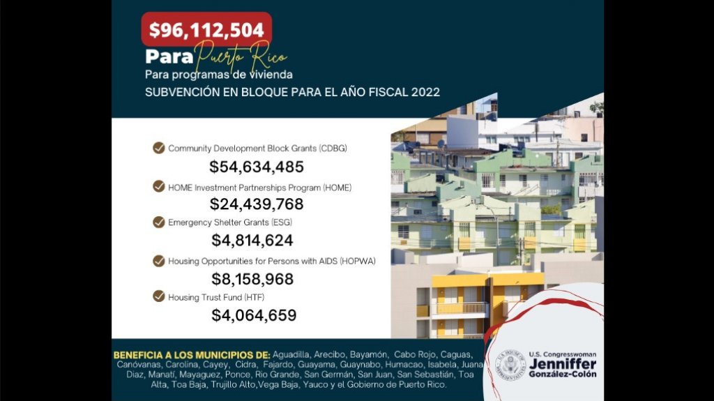  Comisionada residente informa asignaci&oacute;n de HUD por m&aacute;s de 96 millones de d&oacute;lares para desarrollo comunitario y soluciones de viviendas 