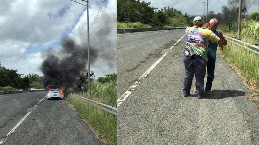  Ciudadano consola a un hombre que se echó a llorar por que se le prendió el carro en fuego 