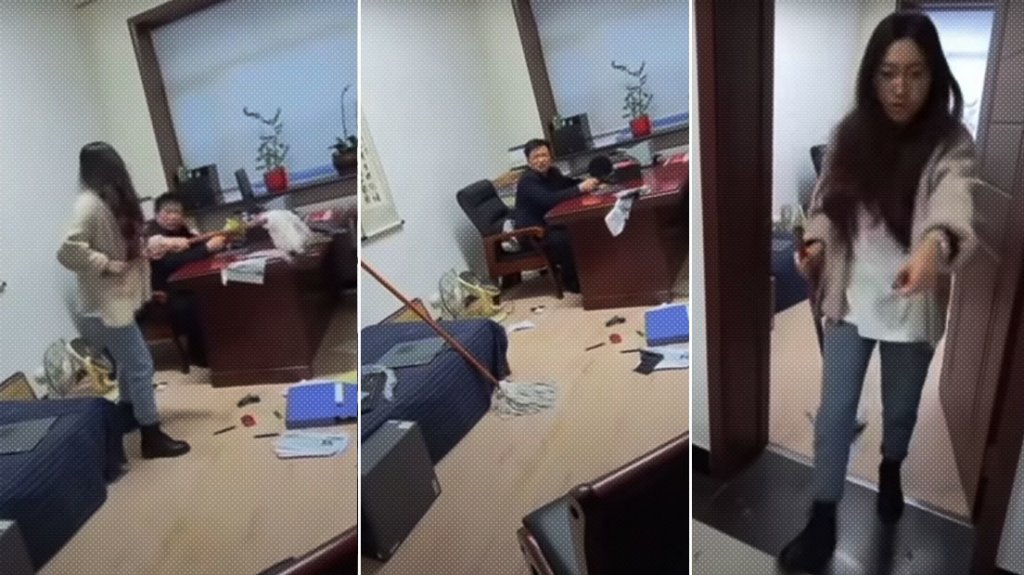  VIDEO: Una empleada golpea a su jefe con una fregona por supuesto acoso 