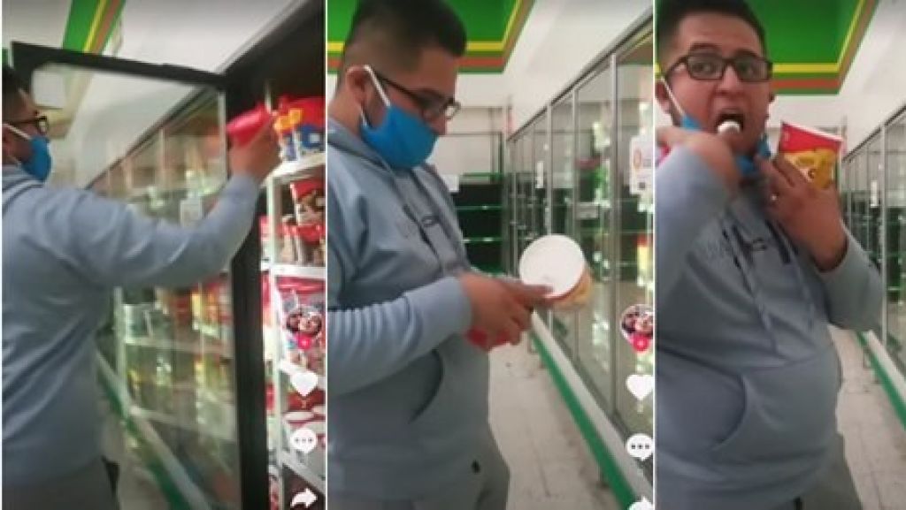  Hombre en supermercado, se quita las mascarilla, prueba un mantecado y lo devuelve a la nevera 